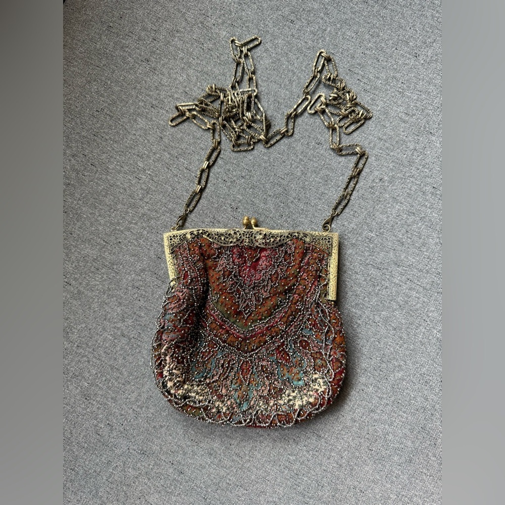 Exceptional Antique Purse Paisley Fabric, Tiny Steel Beads Stunning Frame 7x6